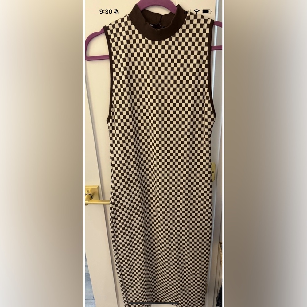 NWT Zara Sweater Knit Dress Womens Check Brown Sleeveless Midi Mock Neck Size L